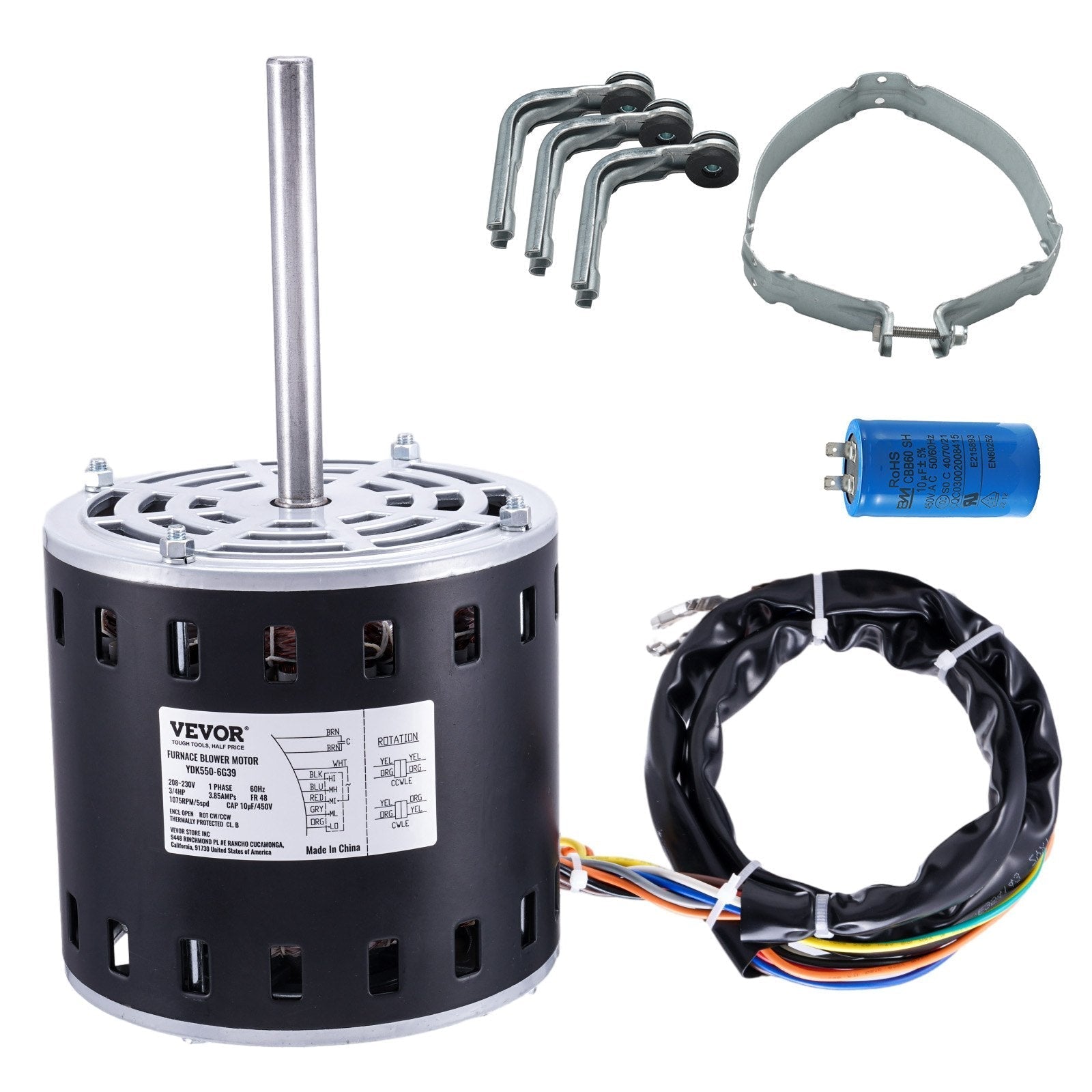 VEVOR 3/4HP Furnace Blower Motor, 208/230V 3.85Amps, 1075RPM 5 Speeds, CW/CCW Rotation, 48 Frame 4.8