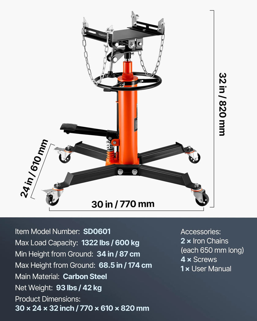 VEVOR Transmission Jack, 1322 LBS Hydraulic Telescoping Transmission Jack, 34.3
