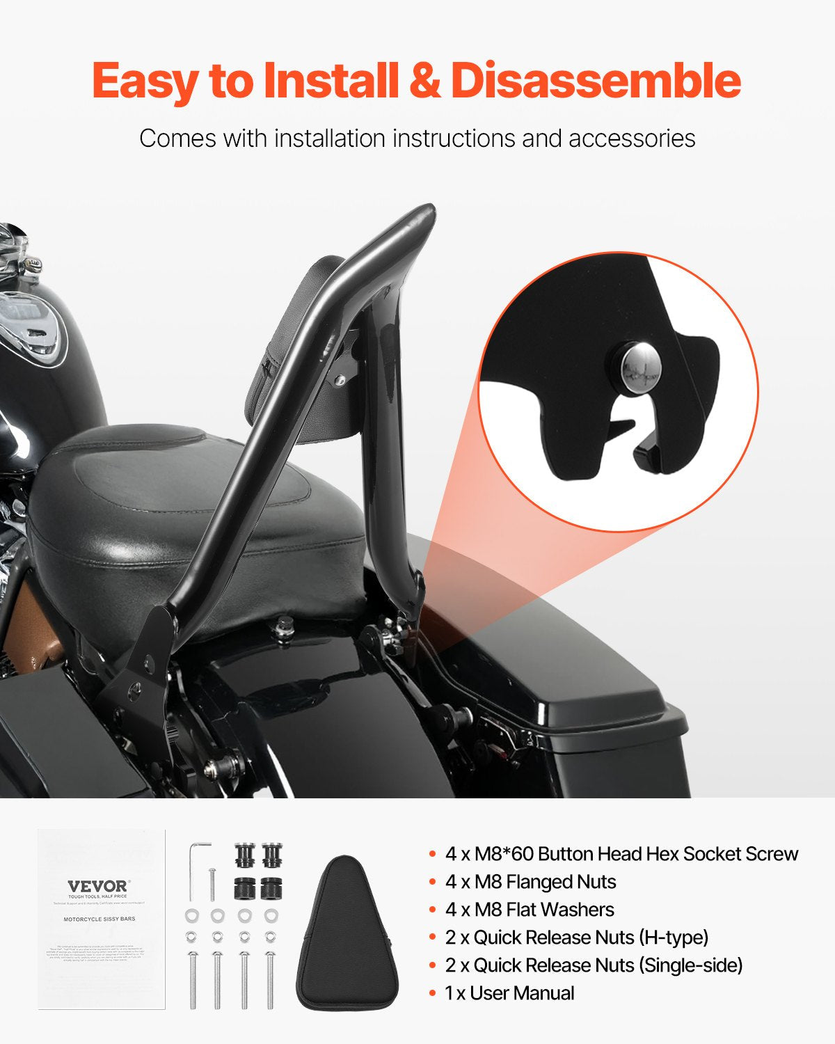 VEVOR Motorcycle Backrest Sissy Bar for Harley-Davidson Dyna 2006-2017 27 in