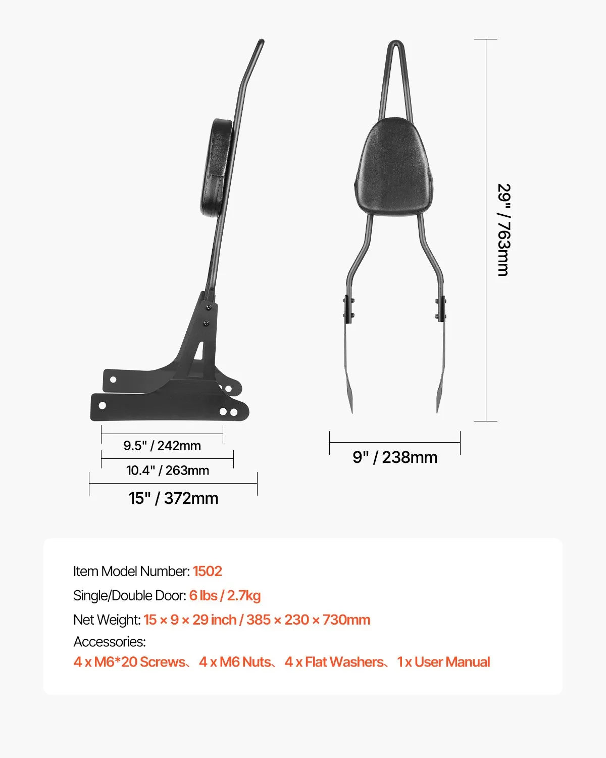 VEVOR Motorcycle Backrest Sissy Bar for Harley-Davidson Touring Models 2006-2017