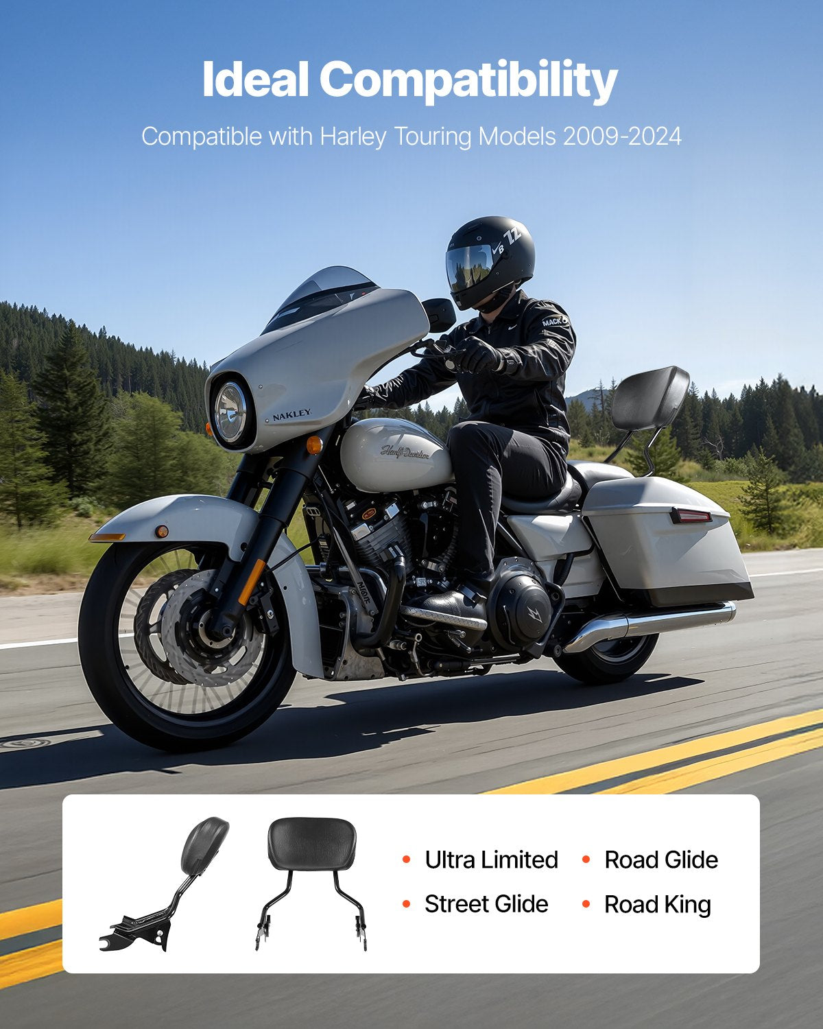 VEVOR Motorcycle Backrest Sissy Bar for Harley-Davidson Touring Models 2009-2024