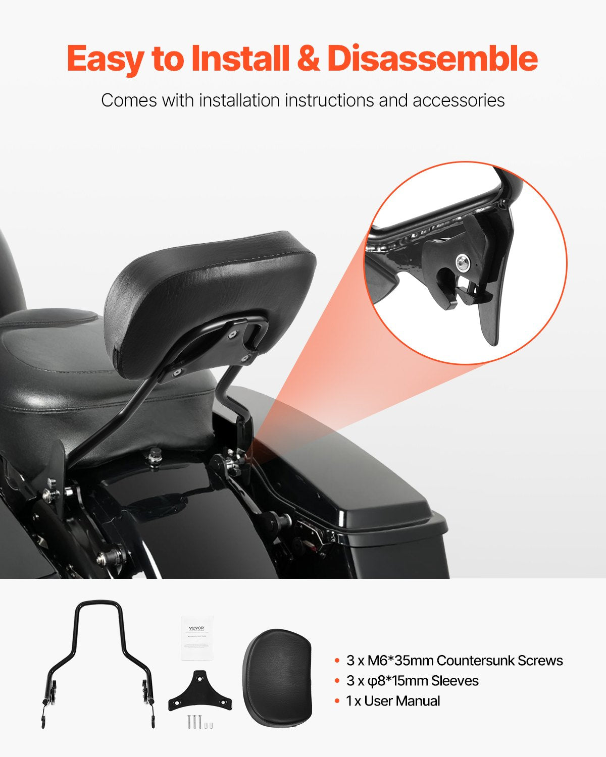 VEVOR Motorcycle Backrest Sissy Bar for Harley-Davidson Touring Models 2009-2024