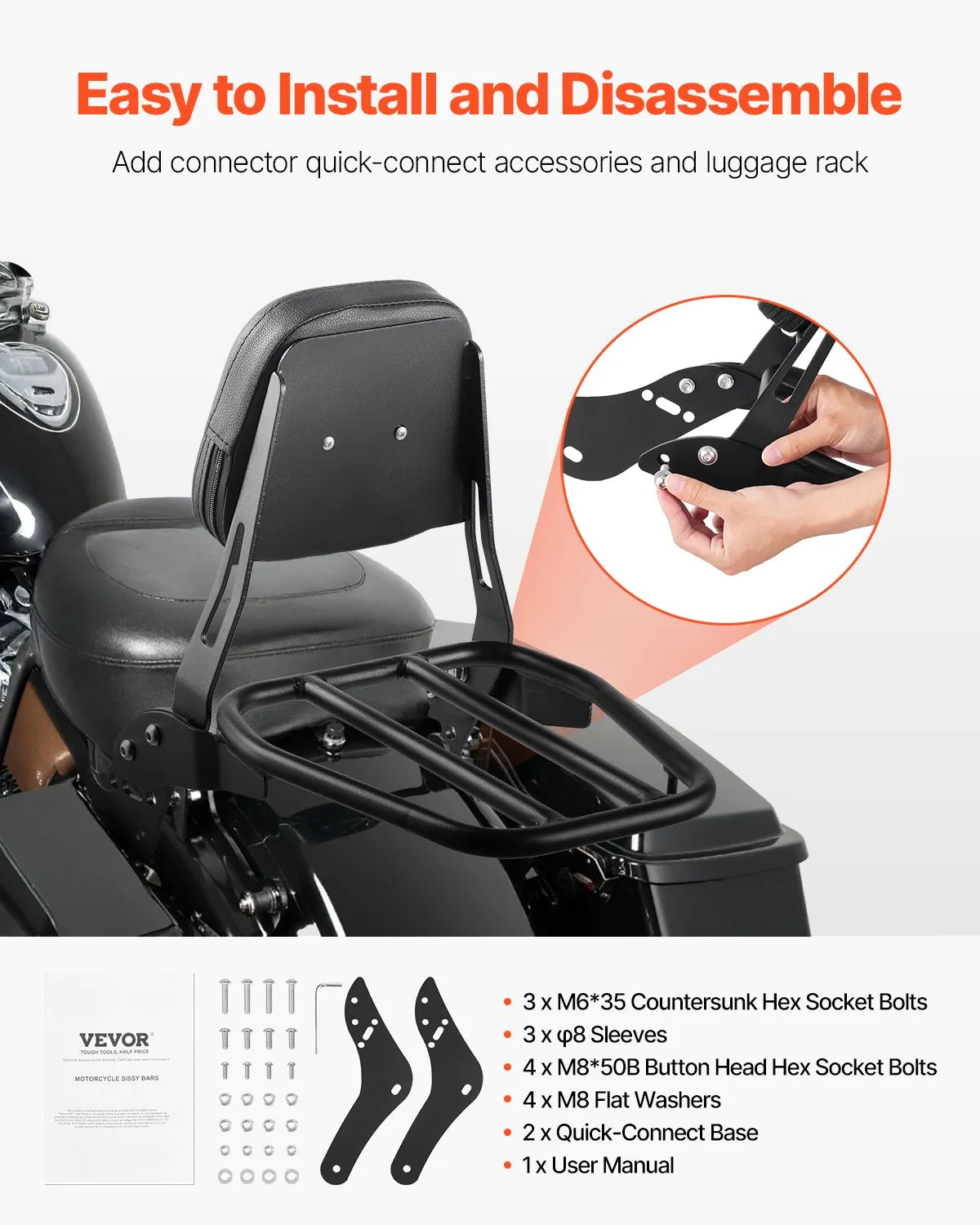 VEVOR Motorcycle Backrest Sissy Bar with Luggage Rack for Honda Rebel 2017-2022
