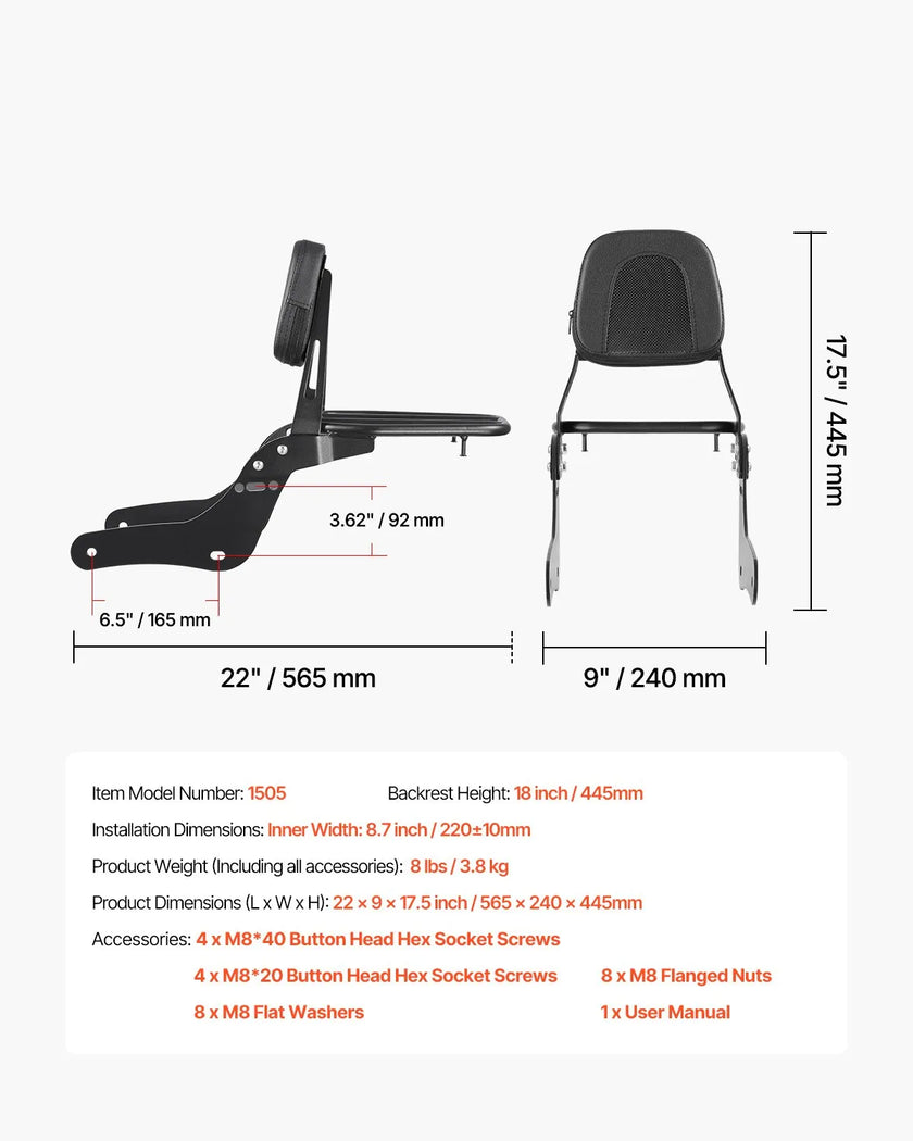 VEVOR Motorcycle Backrest Sissy Bar with Luggage Rack for Honda Rebel 2017-2022