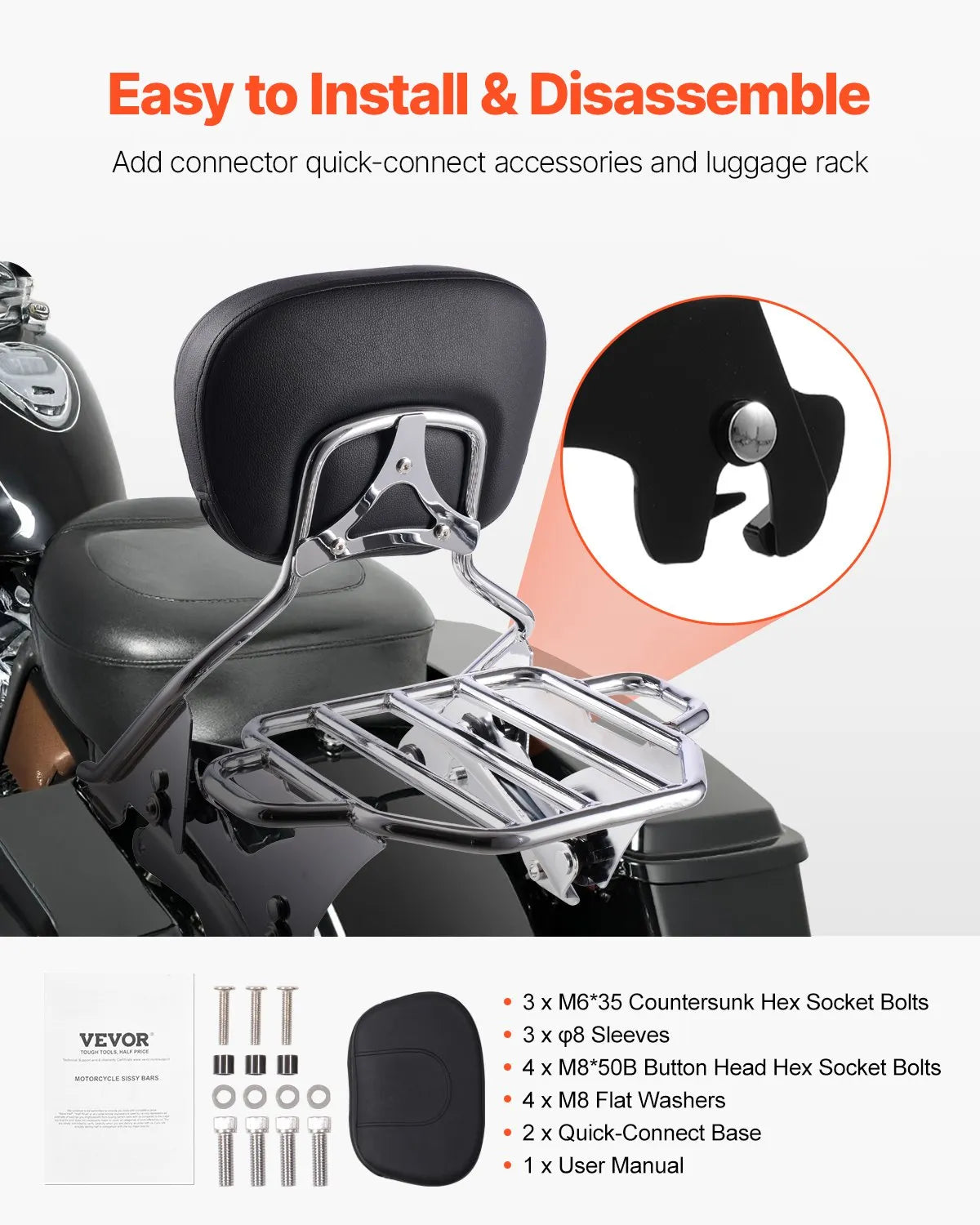 VEVOR Motorcycle Backrest Sissy Bar with Luggage Rack for Harley Touring Models