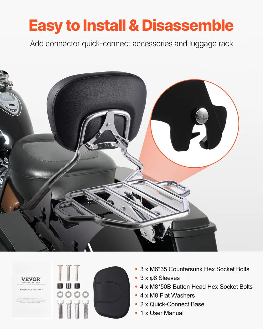 VEVOR Motorcycle Backrest Sissy Bar with Luggage Rack for Harley Touring Models