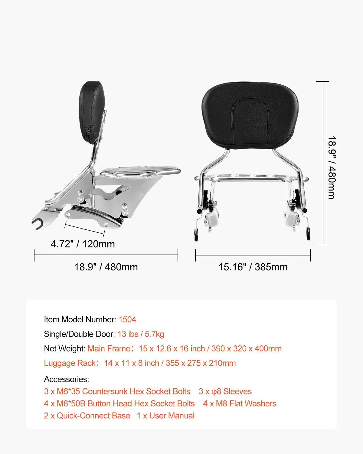 VEVOR Motorcycle Backrest Sissy Bar with Luggage Rack for Harley Touring Models