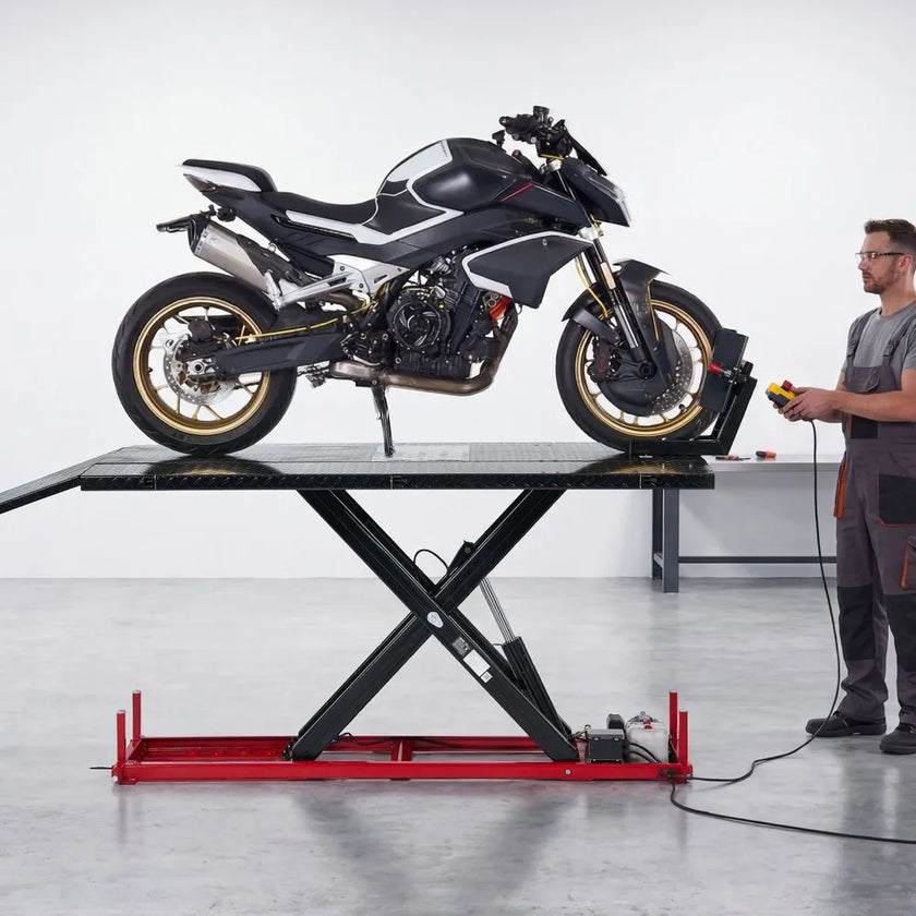 VEVOR Motorcycle Lift Table, 1500 lbs Capacity Electric Hydraulic Lift with Wheel Chock for ATV & Dirt Bikes