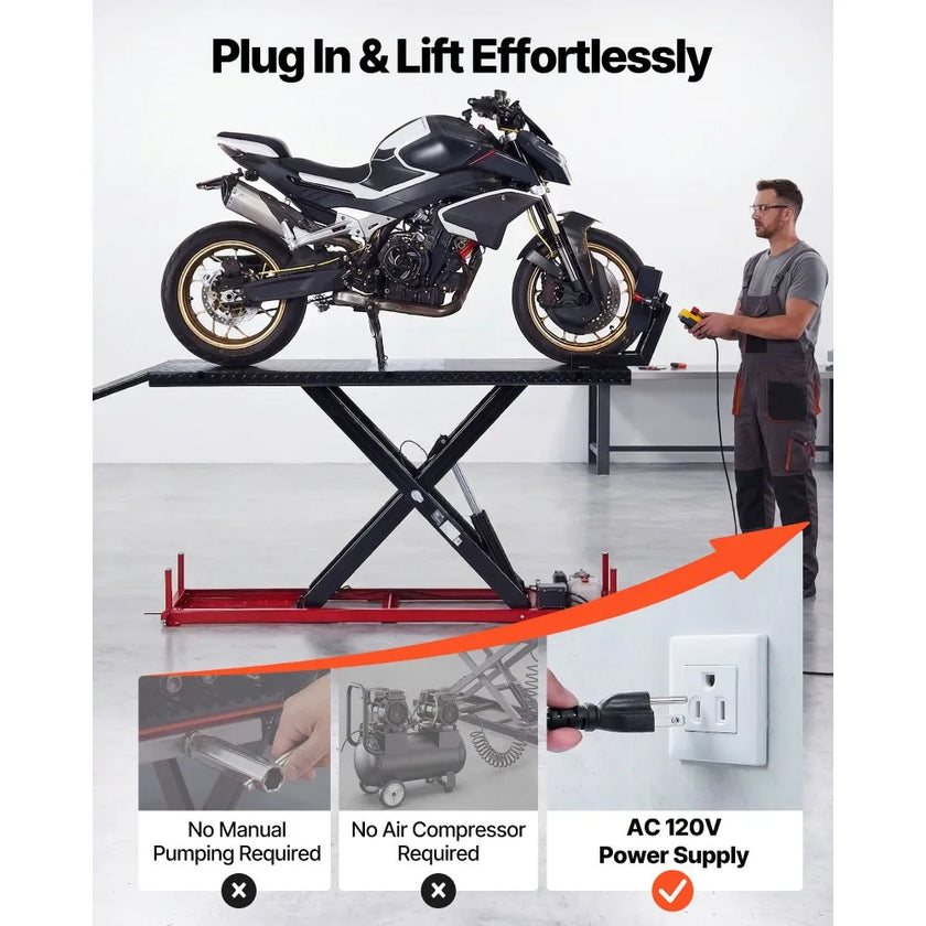 VEVOR Motorcycle Lift Table, 1500 lbs Capacity with Electric Hydraulic Pump & Adjustable Wheel Chock