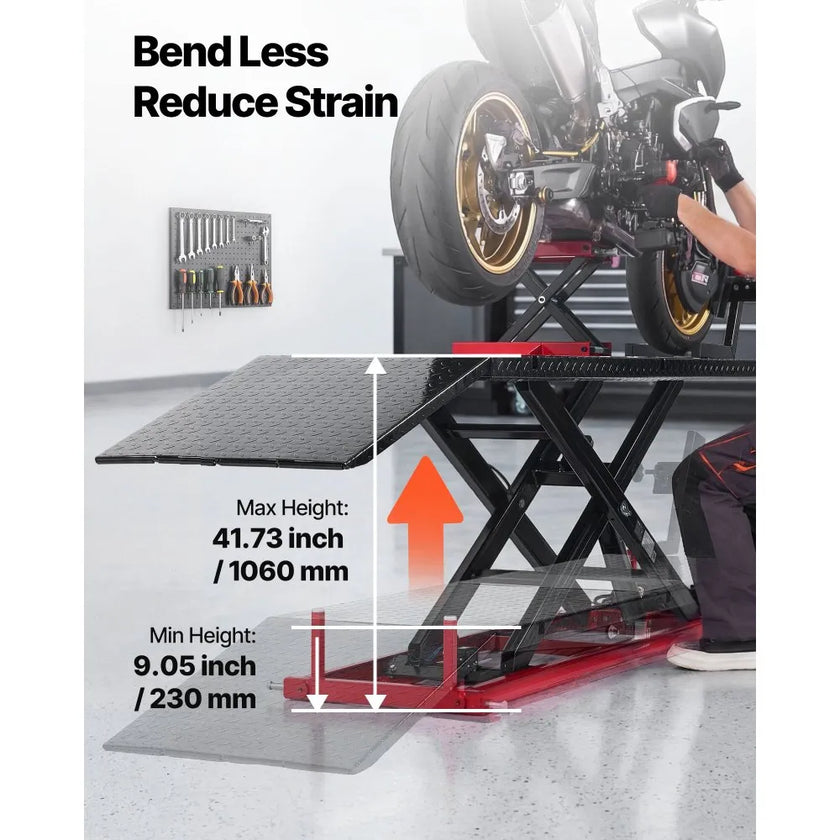 VEVOR Motorcycle Lift Table, 1500 lbs Capacity with Electric Hydraulic Pump & Adjustable Wheel Chock