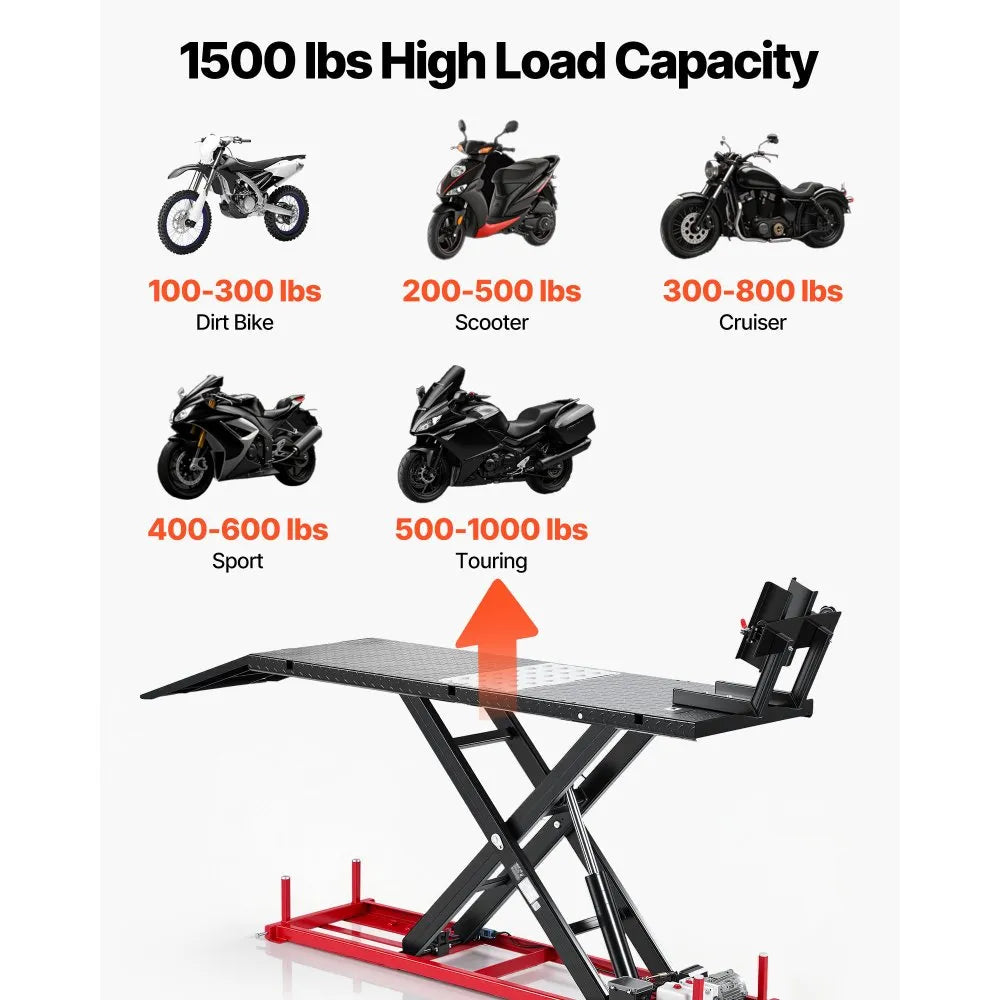 VEVOR Motorcycle Lift Table, 1500 lbs Capacity with Electric Hydraulic Pump & Adjustable Wheel Chock