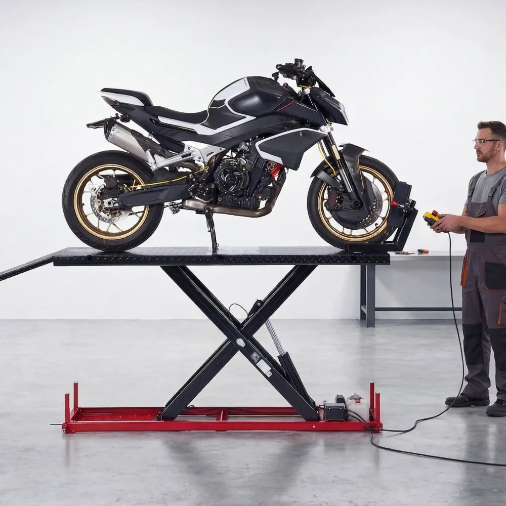 VEVOR Motorcycle Lift Table, 1500 lbs Capacity with Electric Hydraulic Pump & Adjustable Wheel Chock