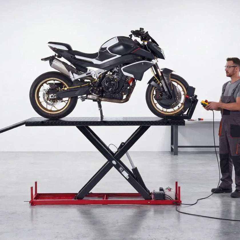 VEVOR Motorcycle Lift Table, 1500 lbs Capacity with Electric Hydraulic Pump & Adjustable Wheel Chock