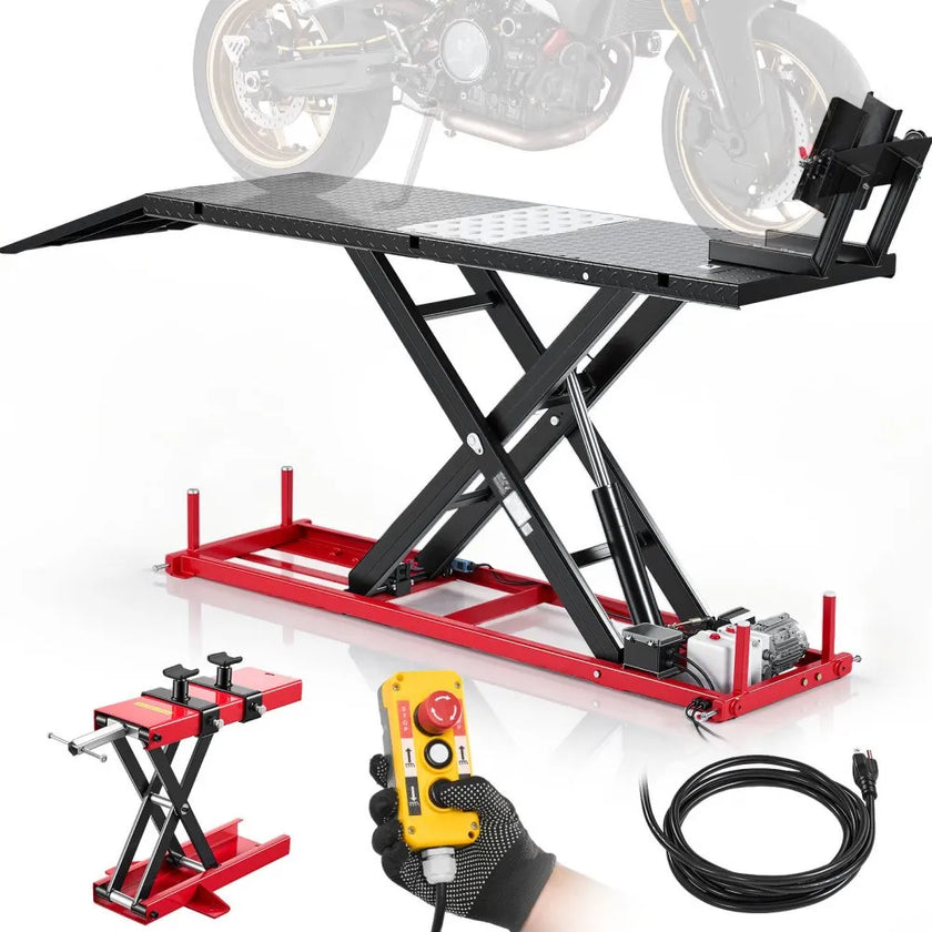 VEVOR Motorcycle Lift Table, 1500 lbs Capacity with Electric Hydraulic Pump & Adjustable Wheel Chock