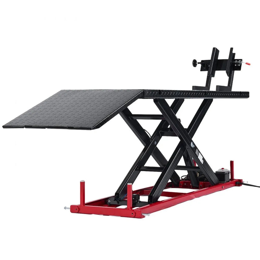 VEVOR Motorcycle Lift Table, 1500 lbs Capacity with Electric Hydraulic Pump & Adjustable Wheel Chock