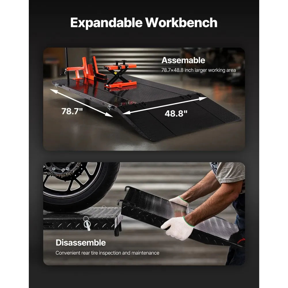 VEVOR Motorcycle Lift Table, 1500 lbs Capacity Pneumatic Motorcycle Jack with Removable Workbench