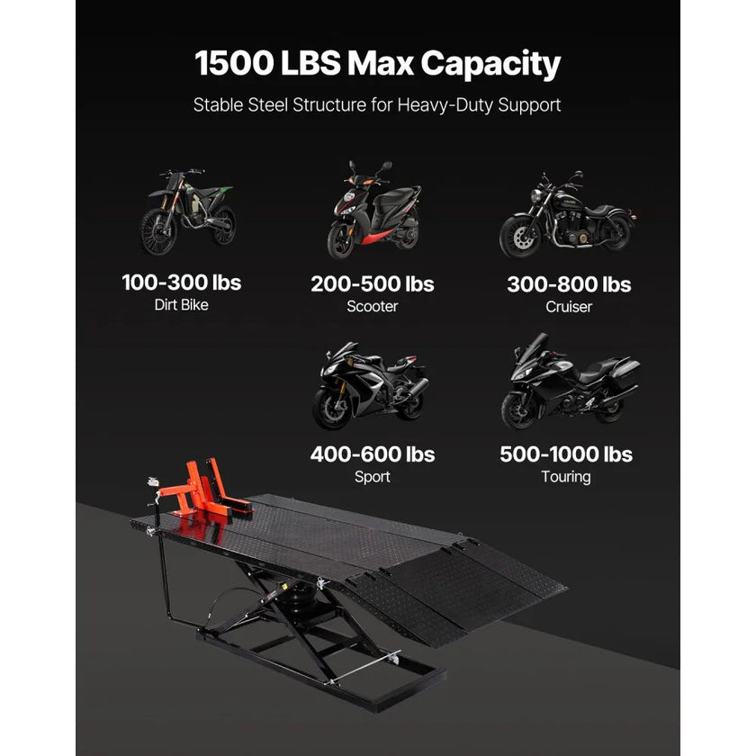 VEVOR Motorcycle Lift Table, 1500 lbs Capacity Pneumatic Motorcycle Jack with Removable Workbench