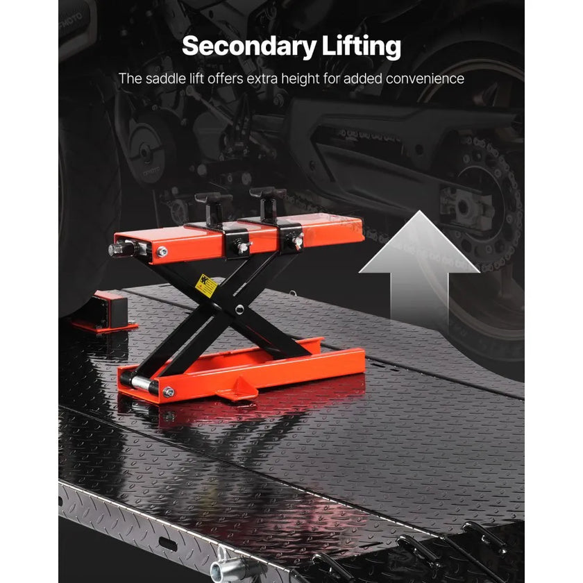 VEVOR Motorcycle Lift Table, 1500 lbs Capacity Pneumatic Motorcycle Jack with Removable Workbench