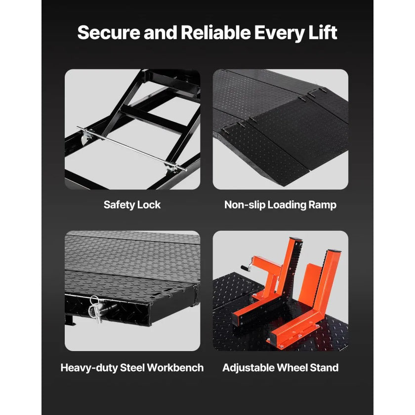 VEVOR Motorcycle Lift Table, 1500 lbs Capacity Pneumatic Motorcycle Jack with Removable Workbench