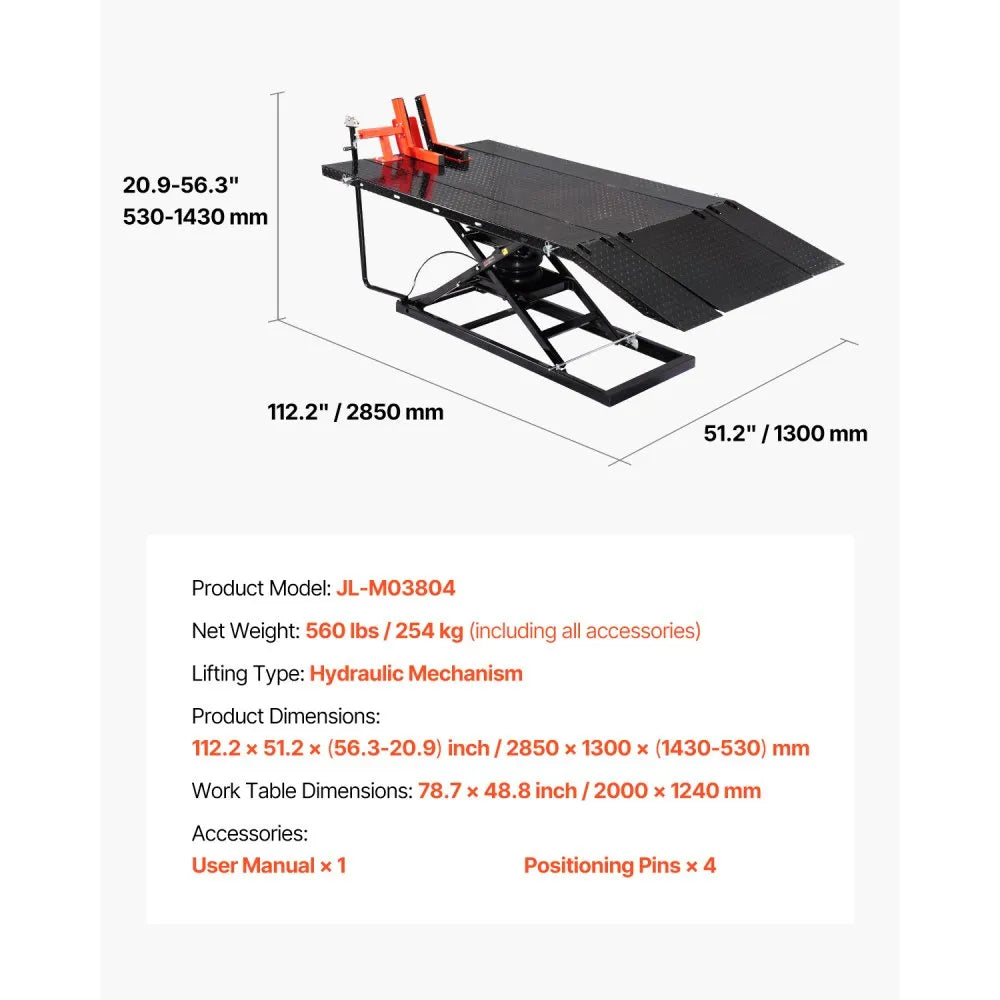 VEVOR Motorcycle Lift Table, 1500 lbs Capacity Pneumatic Motorcycle Jack with Removable Workbench