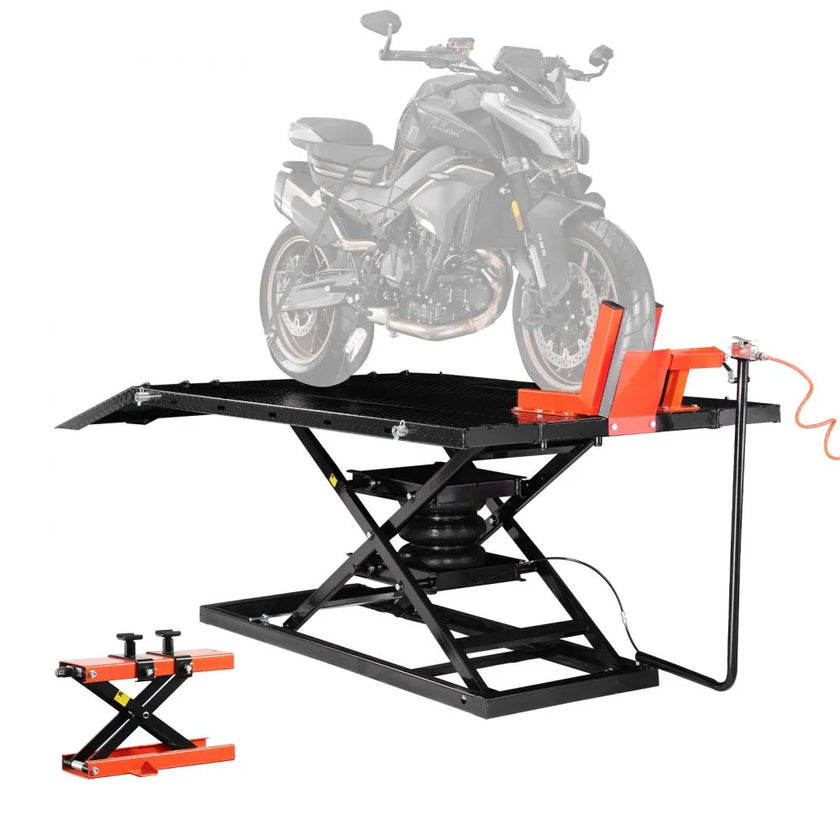 VEVOR Motorcycle Lift Table, 1500 lbs Capacity Pneumatic Motorcycle Jack with Removable Workbench