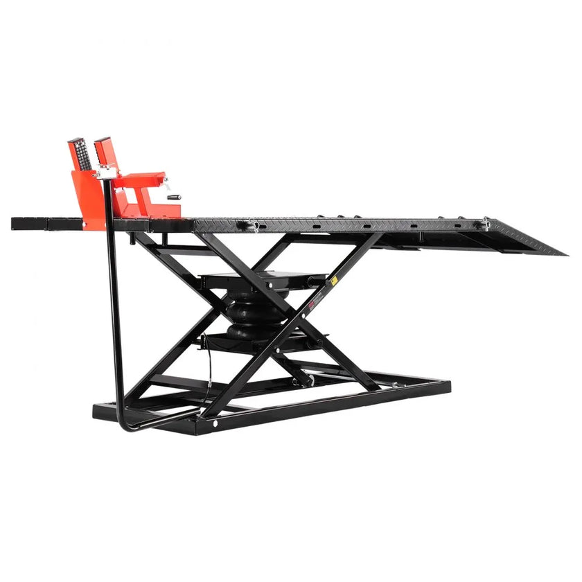 VEVOR Motorcycle Lift Table, 1500 lbs Capacity Pneumatic Motorcycle Jack with Removable Workbench