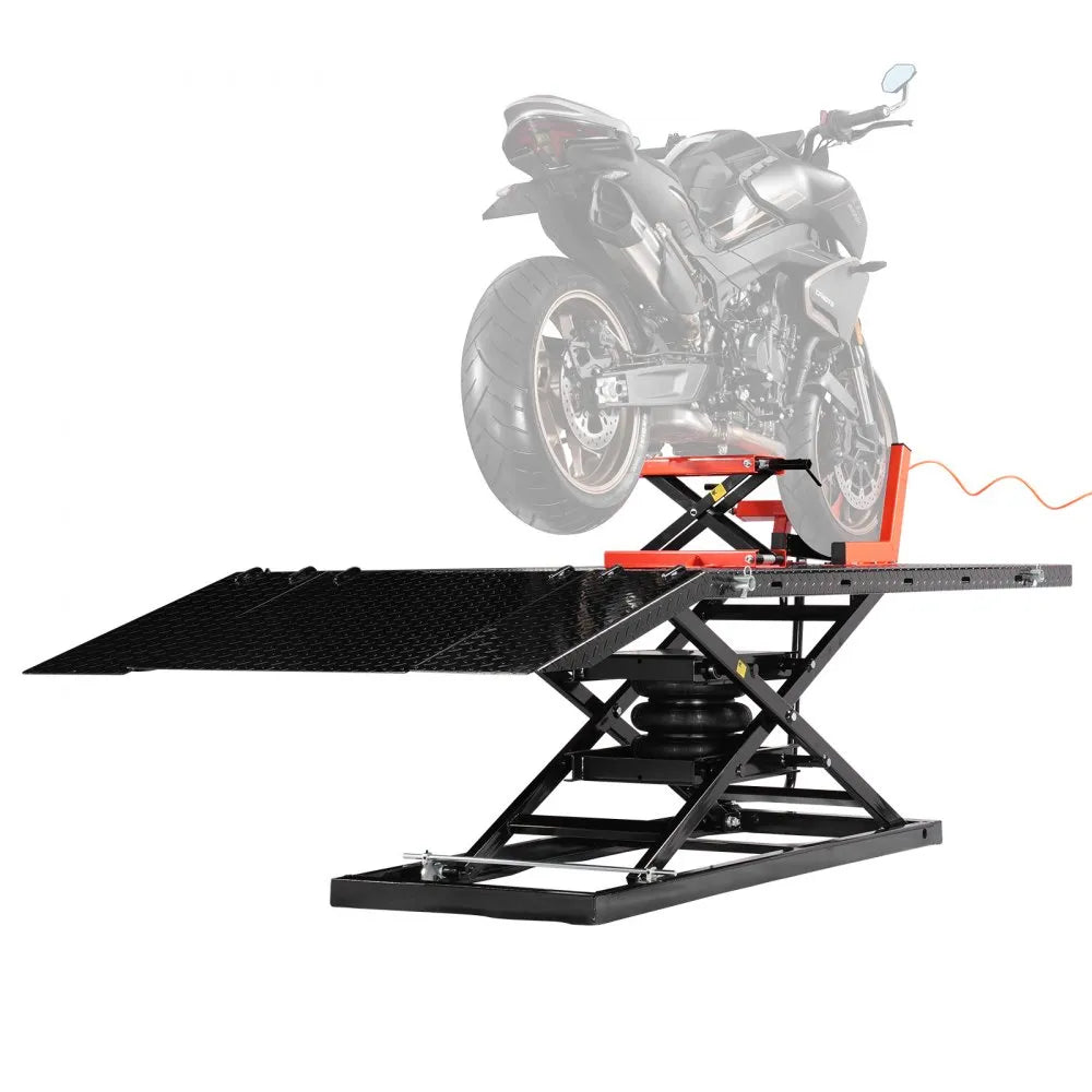 VEVOR Motorcycle Lift Table, 1500 lbs Capacity Pneumatic Motorcycle Jack with Removable Workbench