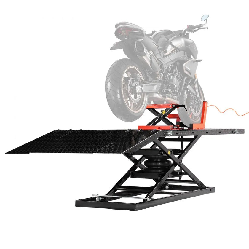 VEVOR Motorcycle Lift Table, 1500 lbs Capacity Pneumatic Motorcycle Jack with Removable Workbench