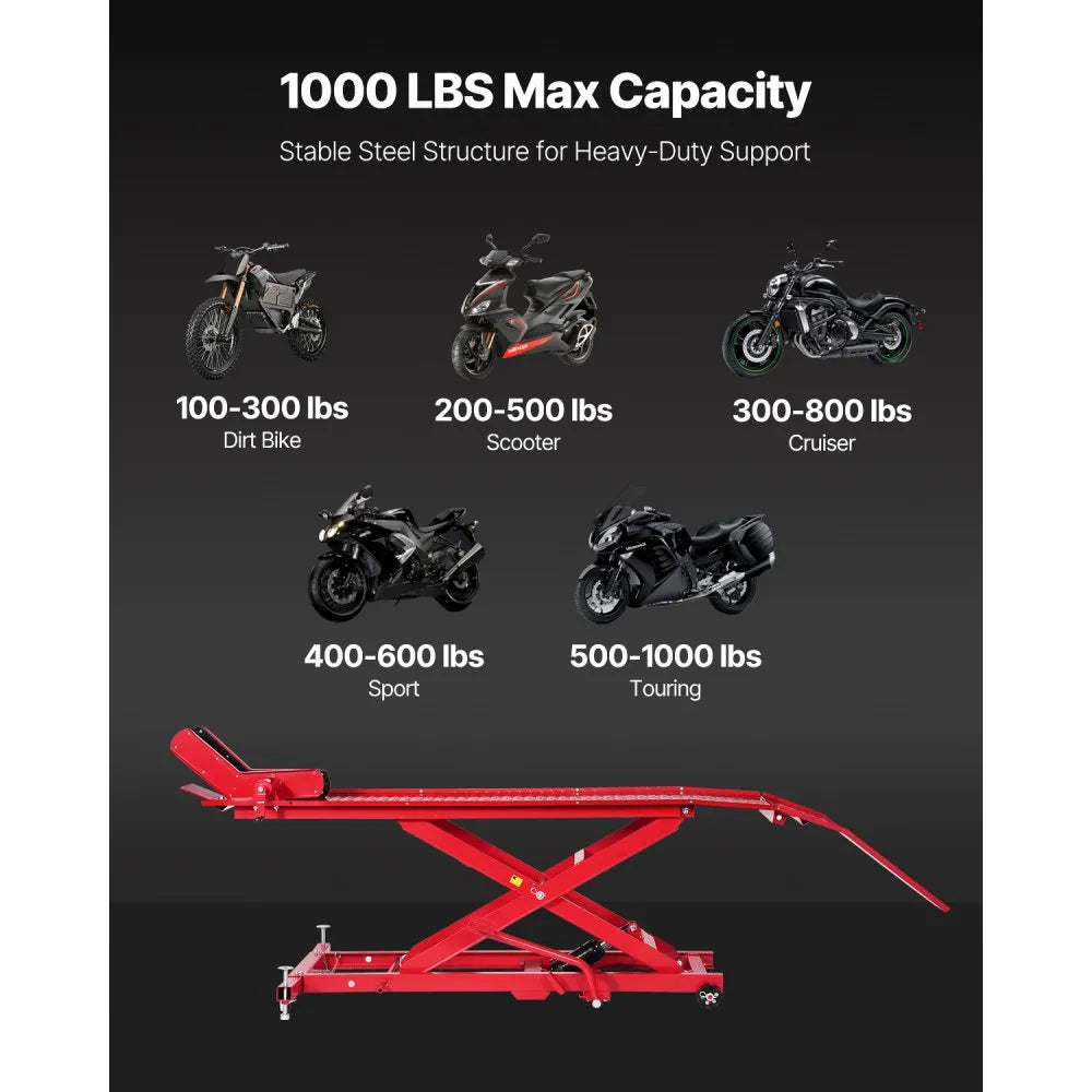 VEVOR Motorcycle Lift Table, 1000 lbs Capacity with 360° Rolling Jack Stand & Security Lock