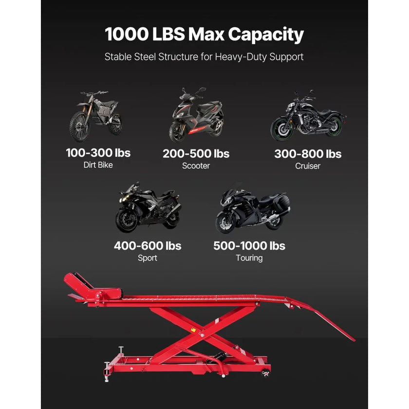 VEVOR Motorcycle Lift Table, 1000 lbs Capacity with 360° Rolling Jack Stand & Security Lock