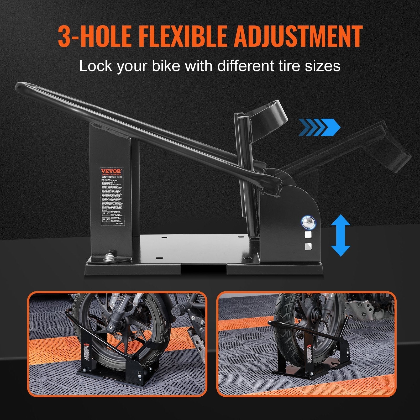 VEVOR Motorcycle Wheel Chock, 1800 lbs Capacity Wheel Cradle Holder, Heavy-duty Steel Motorcycle Front Wheel Stand with 3 Adjustable Holes, For 15