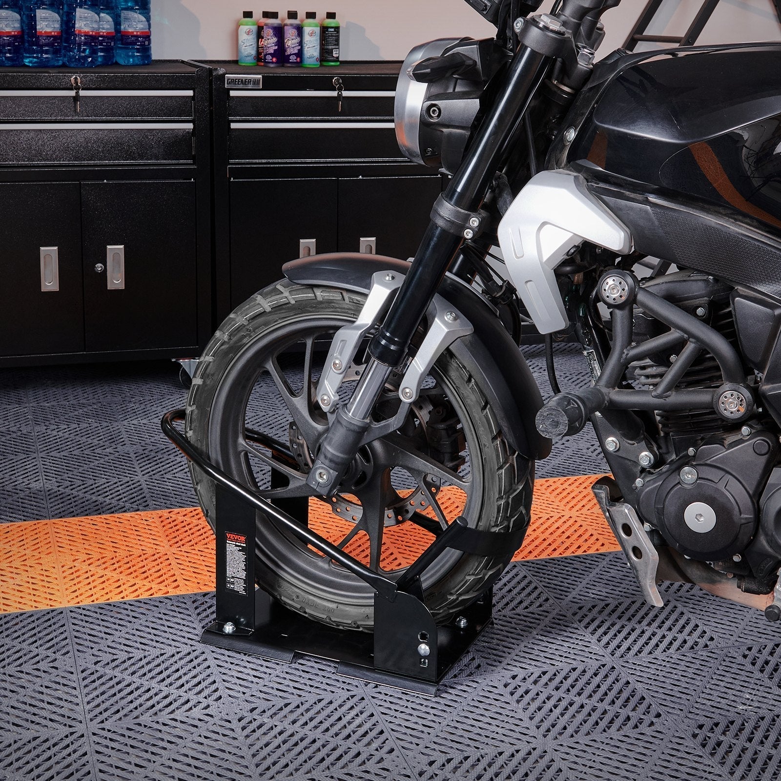 VEVOR Motorcycle Wheel Chock, 1800 lbs Capacity Wheel Cradle Holder, Heavy-duty Steel Motorcycle Front Wheel Stand with 3 Adjustable Holes, For 15