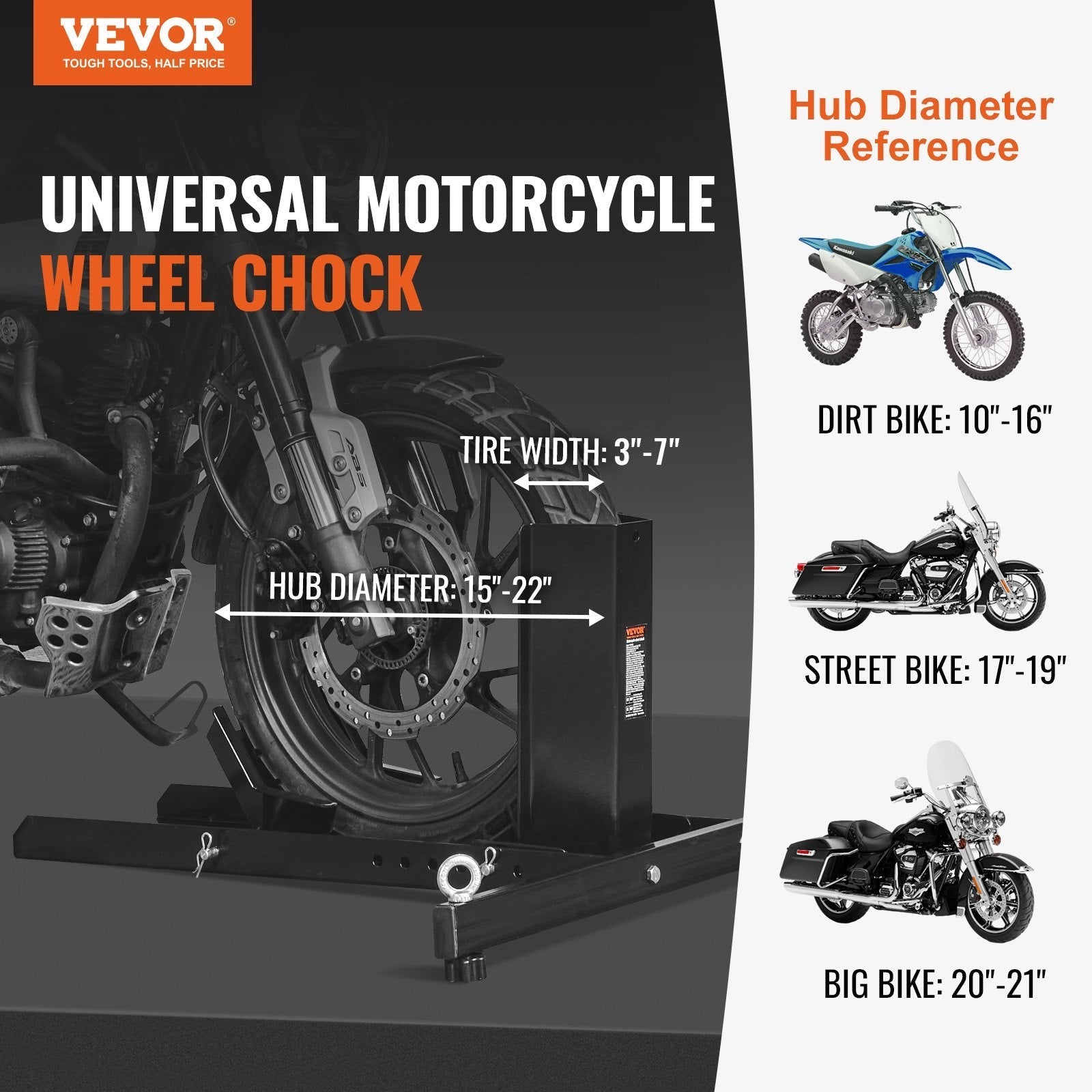 VEVOR Motorcycle Wheel Chock Upright, 1800 lbs Capacity, Heavy-duty Steel Motorcycle Front Wheel Stand with 6 Adjustable Holes, For 15