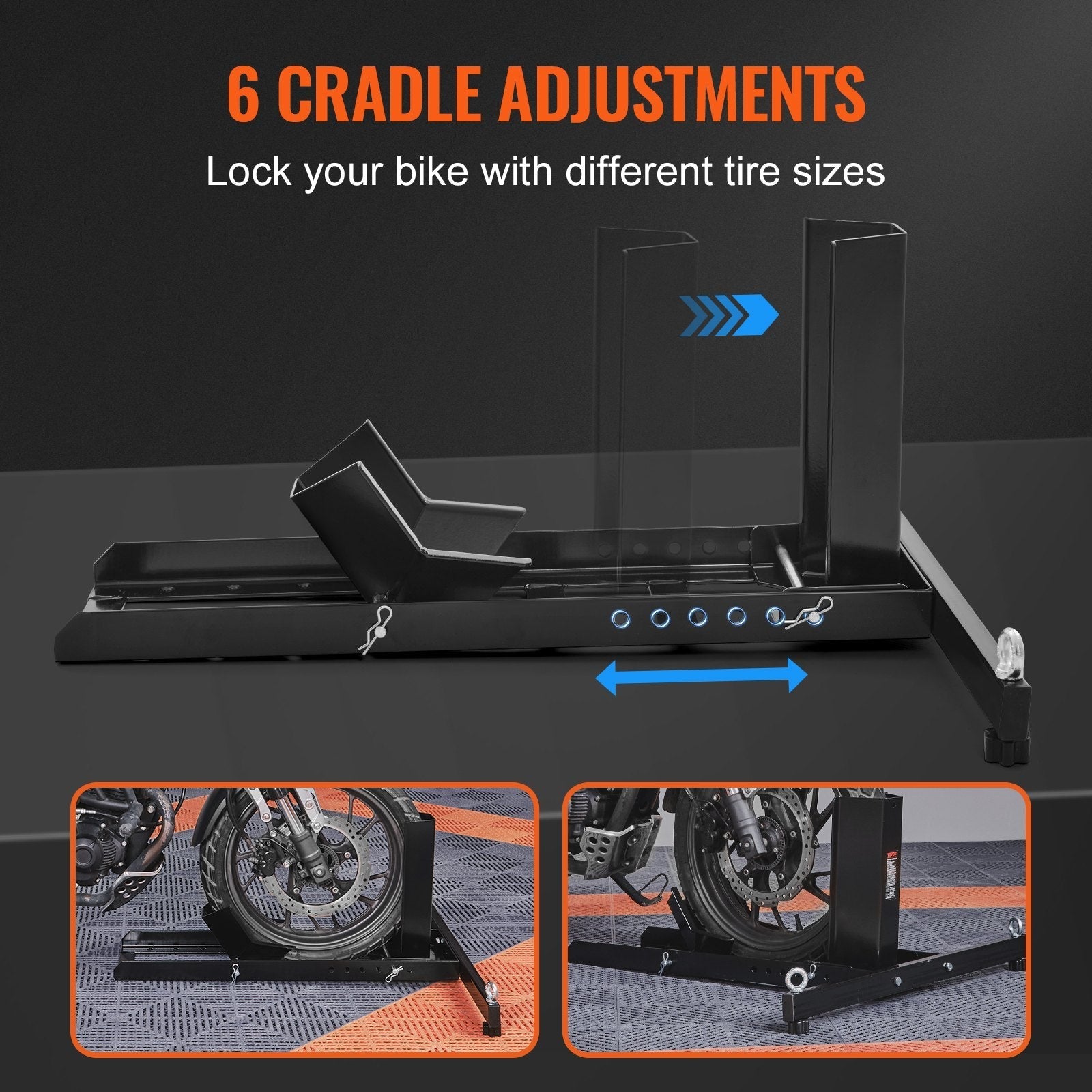 VEVOR Motorcycle Wheel Chock Upright, 1800 lbs Capacity, Heavy-duty Steel Motorcycle Front Wheel Stand with 6 Adjustable Holes, For 15
