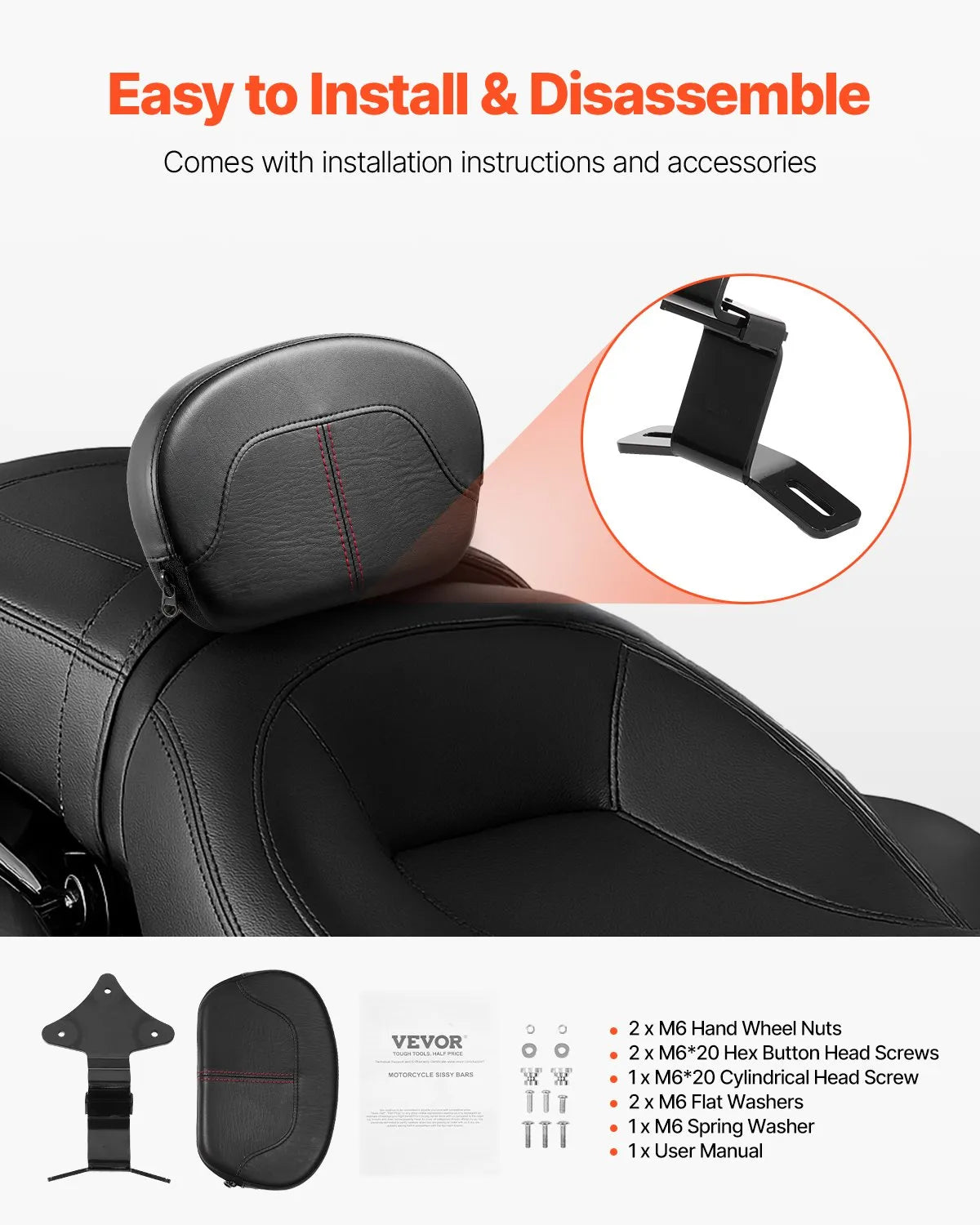 VEVOR Motorcycle Backrest Sissy Bar for Harley Touring Models 2009-2024 12.2 in