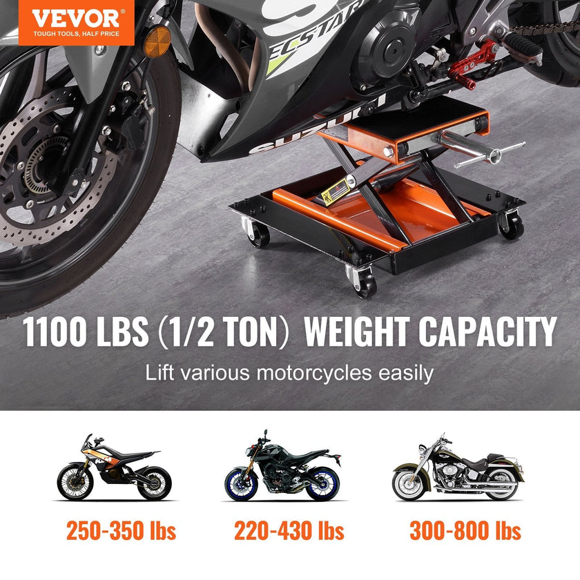 VEVOR Motorcycle Lift, 1100 LBS Motorcycle Lift ATV Scissor Lift Jack with Dolly & Hand Crank, Center Hoist Crank Stand with Wide Deck & Tool Tray for Street Bikes, Cruiser Bikes, Touring Motorcycles
