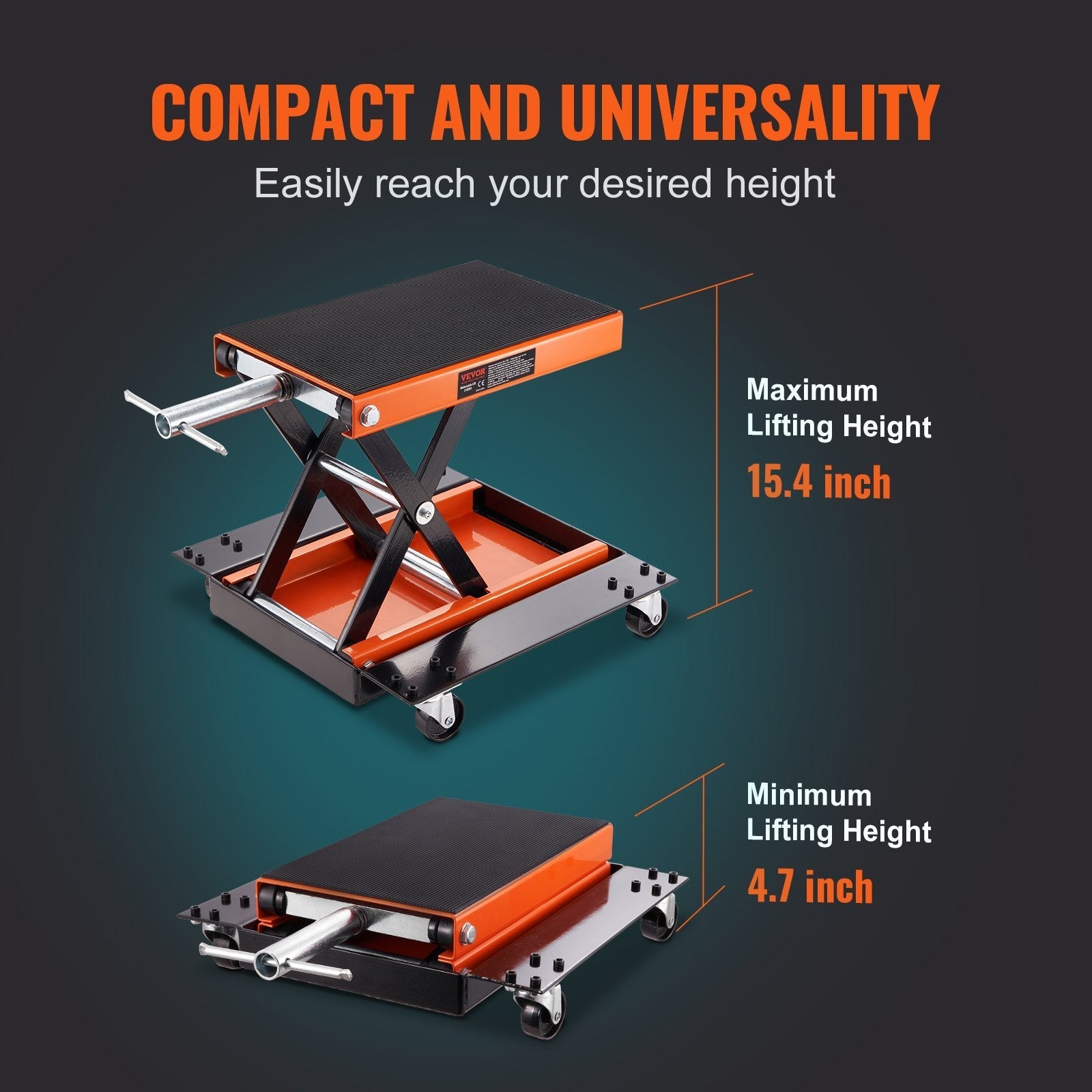 VEVOR Motorcycle Lift, 1100 LBS Motorcycle Lift ATV Scissor Lift Jack with Dolly & Hand Crank, Center Hoist Crank Stand with Wide Deck & Tool Tray for Street Bikes, Cruiser Bikes, Touring Motorcycles