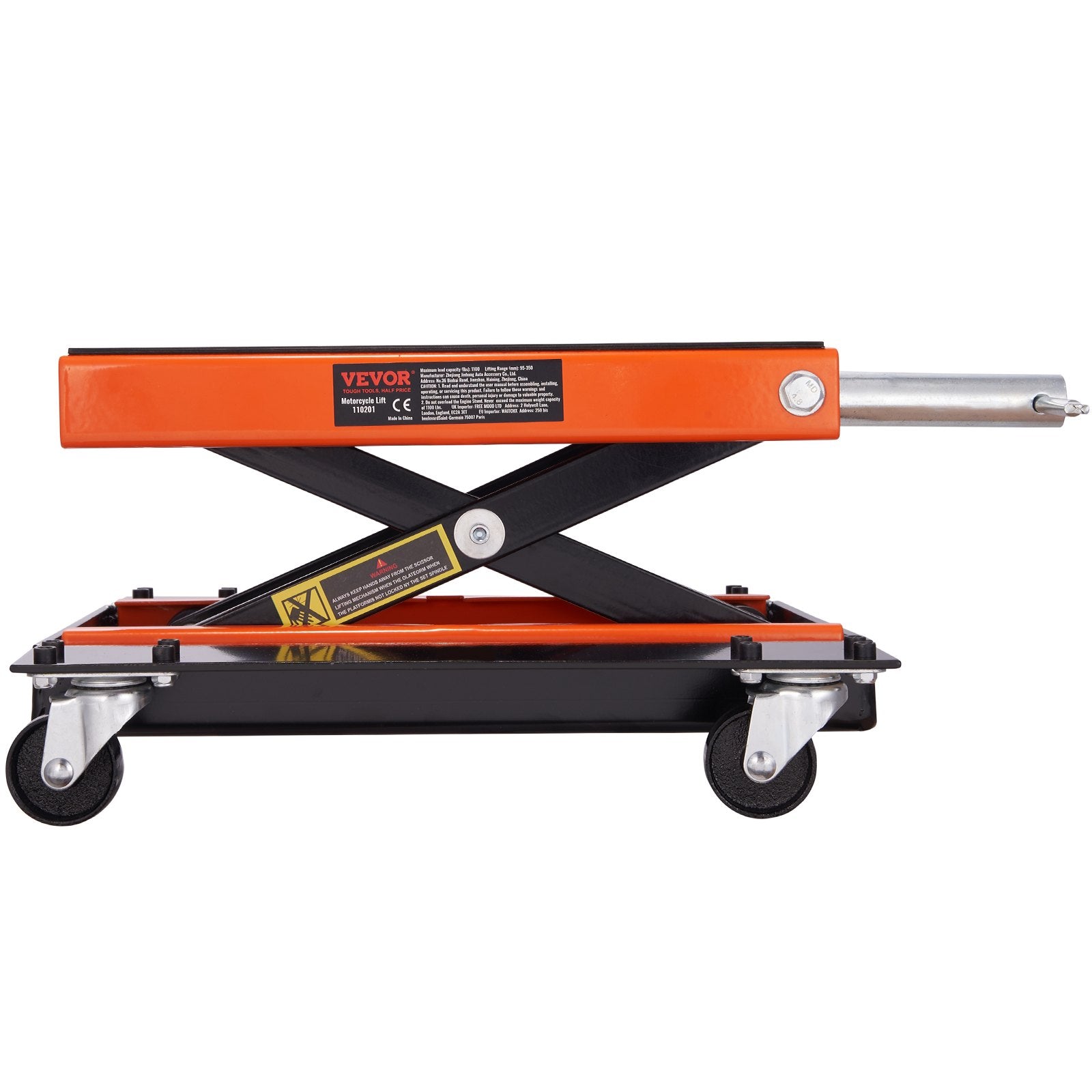VEVOR Motorcycle Lift, 1100 LBS Motorcycle Lift ATV Scissor Lift Jack with Dolly & Hand Crank, Center Hoist Crank Stand with Wide Deck & Tool Tray for Street Bikes, Cruiser Bikes, Touring Motorcycles