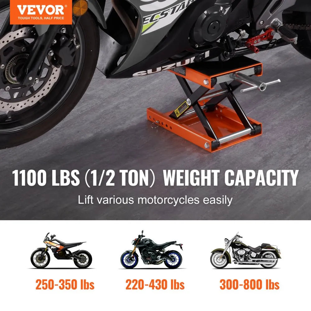 VEVOR Motorcycle Lift, 1100 LBS Motorcycle Scissor Lift Jack with Wide Deck & Safety Pin, 3.7
