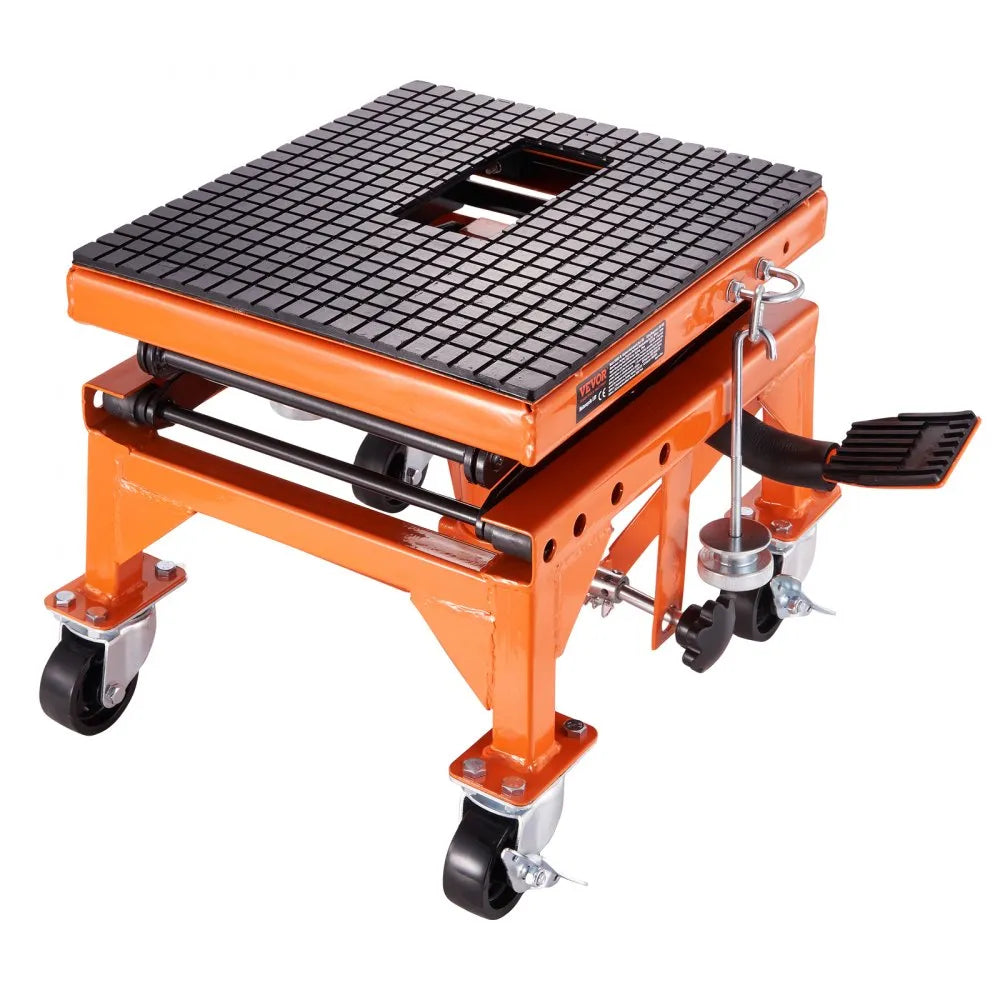 VEVOR Hydraulic Motorcycle Lift Table, 350 LBS Capacity Motorcycle Scissor Jack Lift with Wide Deck, J-hooks, 4 Wheels, Hydraulic Foot-Operated Jack Stand for ATV Dirt Bikes