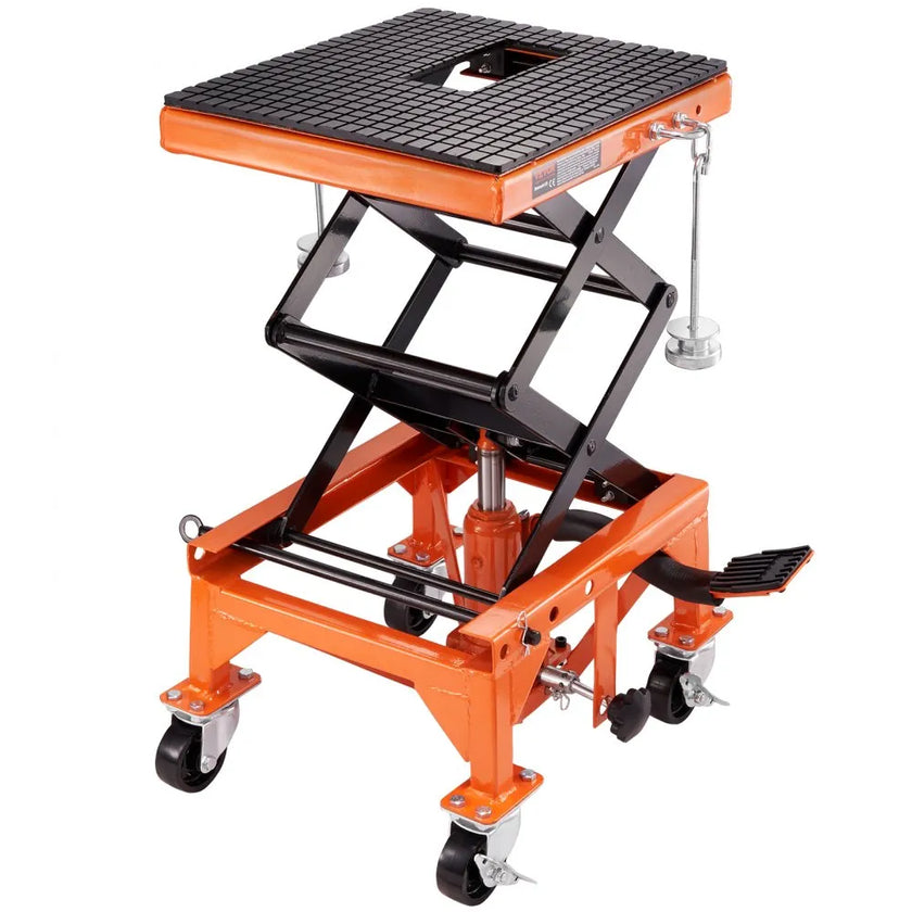 VEVOR Hydraulic Motorcycle Lift Table, 350 LBS Capacity Motorcycle Scissor Jack Lift with Wide Deck, J-hooks, 4 Wheels, Hydraulic Foot-Operated Jack Stand for ATV Dirt Bikes