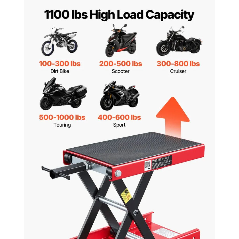VEVOR Motorcycle Scissor Lift Jack, 1100 lbs Capacity, Wide Deck & Lock Pin, 3.74