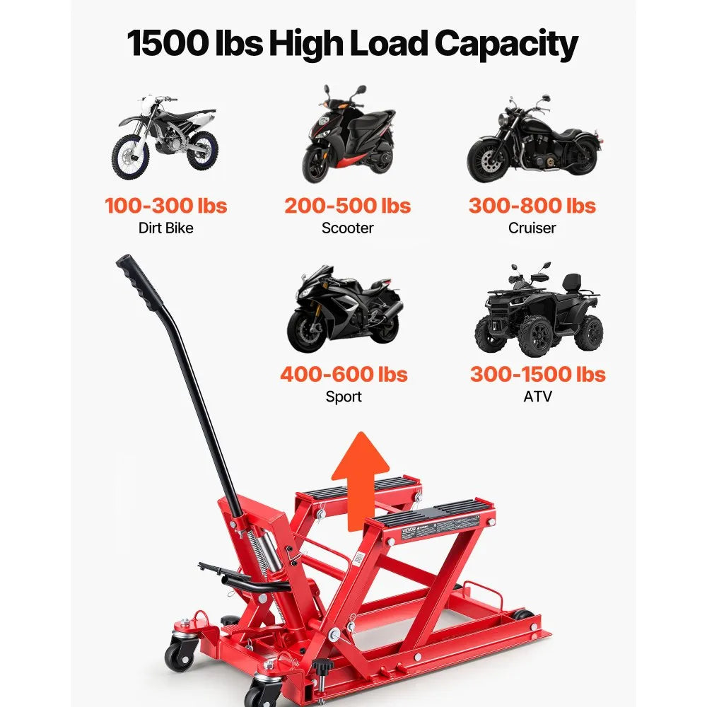 VEVOR Hydraulic Motorcycle Lift Jack, 1500 lbs Capacity ATV & Dirt Bike Hoist Stand with 4 Wheels