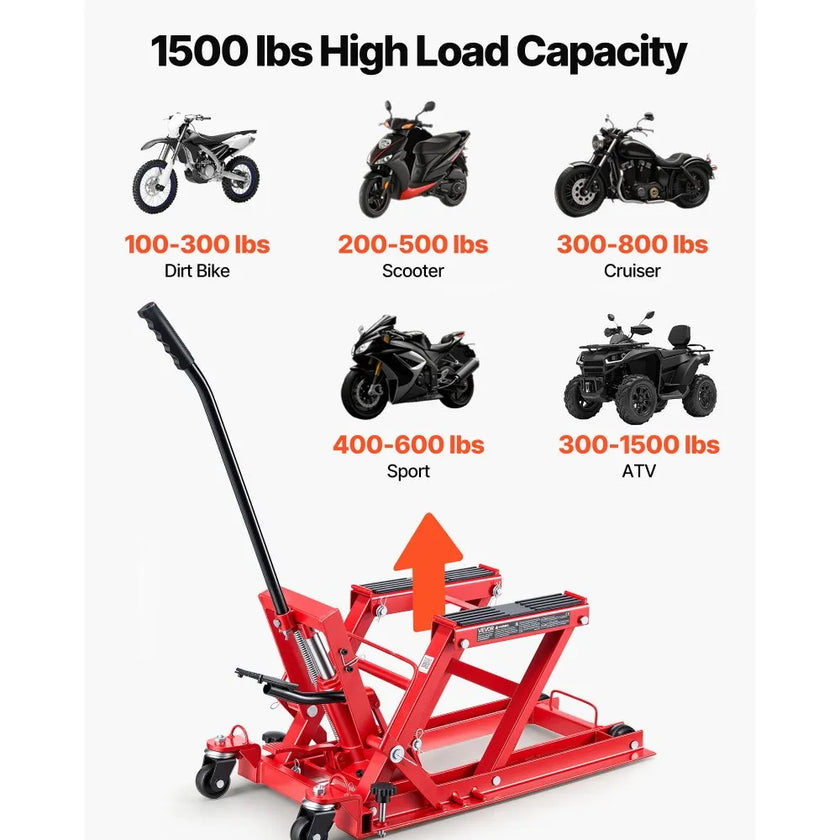 VEVOR Hydraulic Motorcycle Lift Jack, 1500 lbs Capacity ATV & Dirt Bike Hoist Stand with 4 Wheels