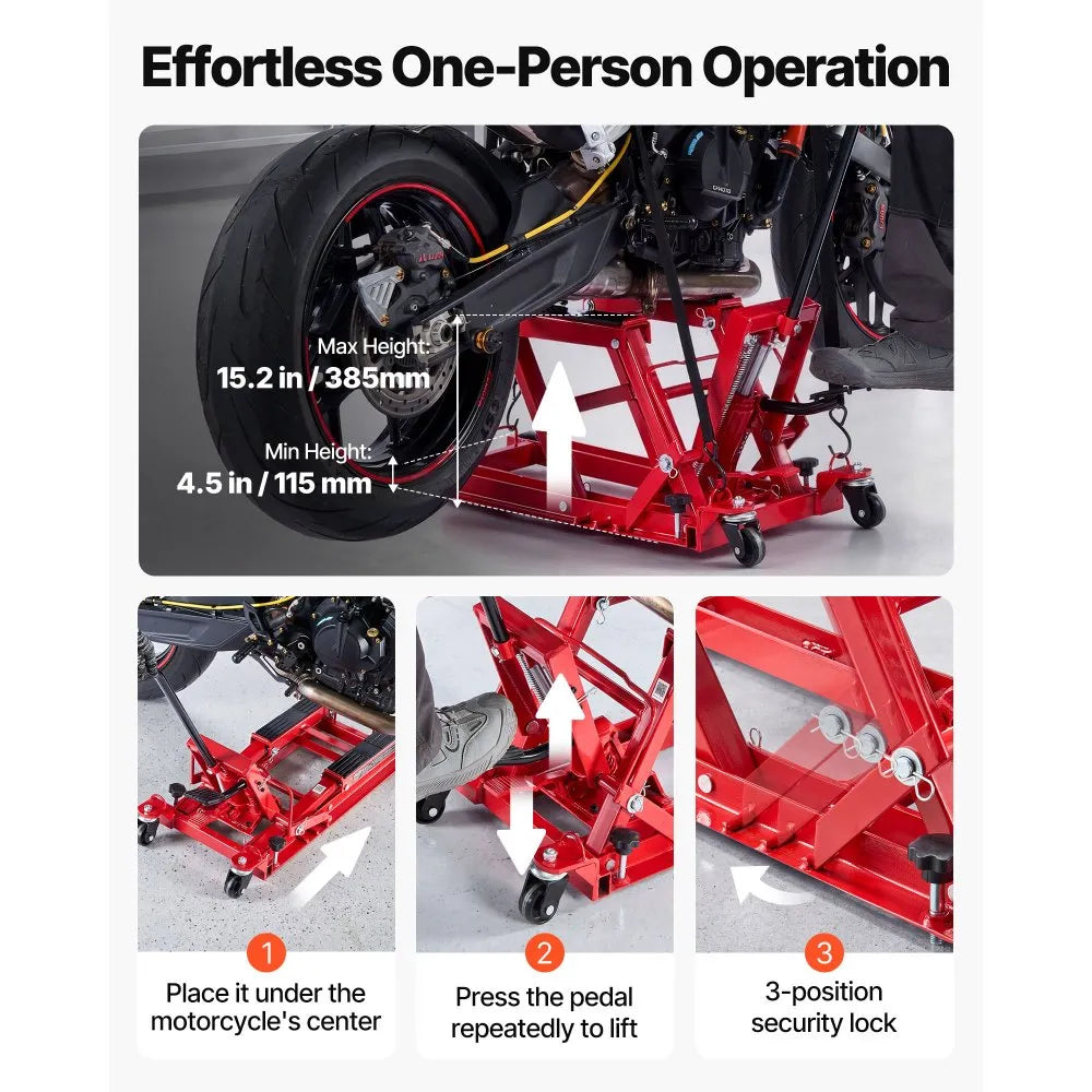 VEVOR Hydraulic Motorcycle Lift Jack, 1500 lbs Capacity ATV & Dirt Bike Hoist Stand with 4 Wheels
