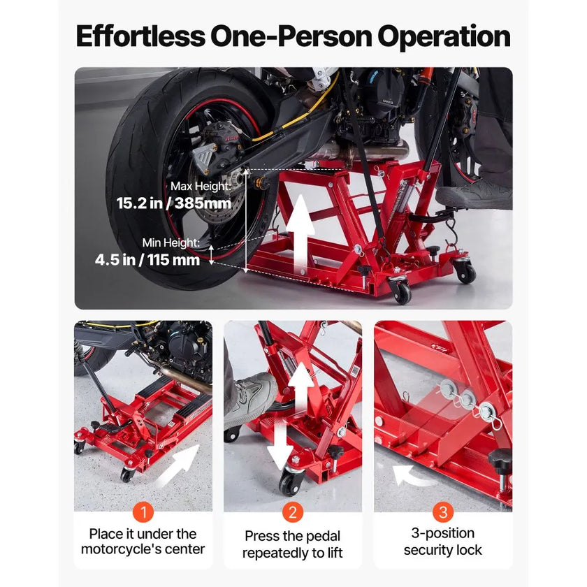 VEVOR Hydraulic Motorcycle Lift Jack, 1500 lbs Capacity ATV & Dirt Bike Hoist Stand with 4 Wheels