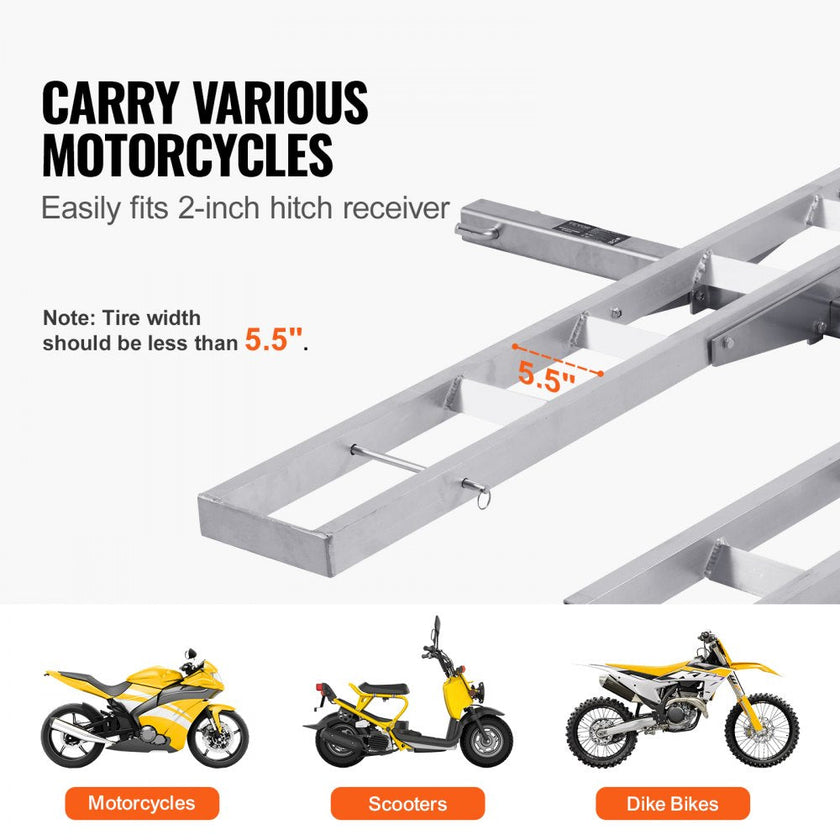 VEVOR Motorcycle Carrier, 2-Bike 600 LBS Aluminum Motorcycle Carrier Hitch Mount, Loading Ramp, Scooter Dirt Bike Trailer Hauler, Ratchet Straps and Stabilizer, for Car, Truck with 2