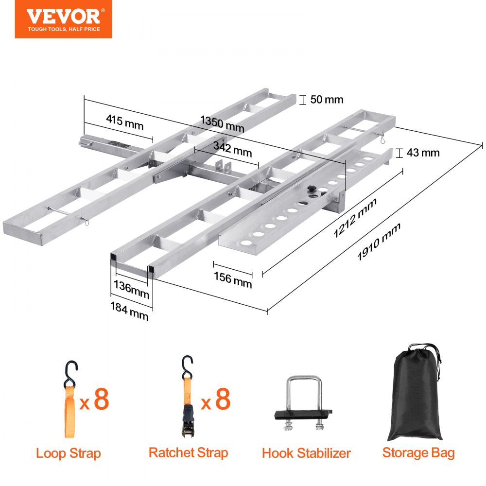 VEVOR Motorcycle Carrier, 2-Bike 600 LBS Aluminum Motorcycle Carrier Hitch Mount, Loading Ramp, Scooter Dirt Bike Trailer Hauler, Ratchet Straps and Stabilizer, for Car, Truck with 2