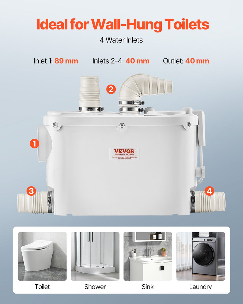 VEVOR Macerator Pump 500W 29 GPM Flow 26 ft Head Lift for Wall-Hung Toilet Sink