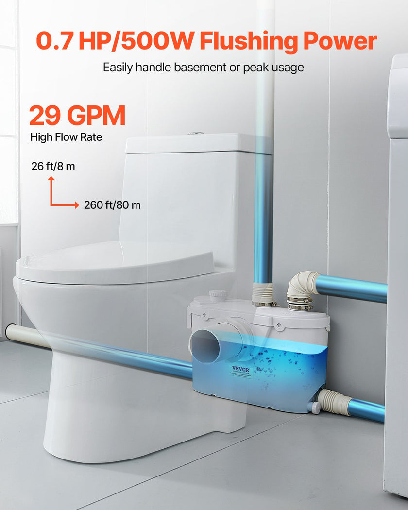 VEVOR Macerator Pump 500W 29 GPM Flow 26 ft Head Lift for Toilet Basement Sink